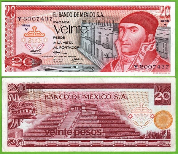 Mexico 20 Pesos 1973, P-64a.4 Prefix-X Aunc