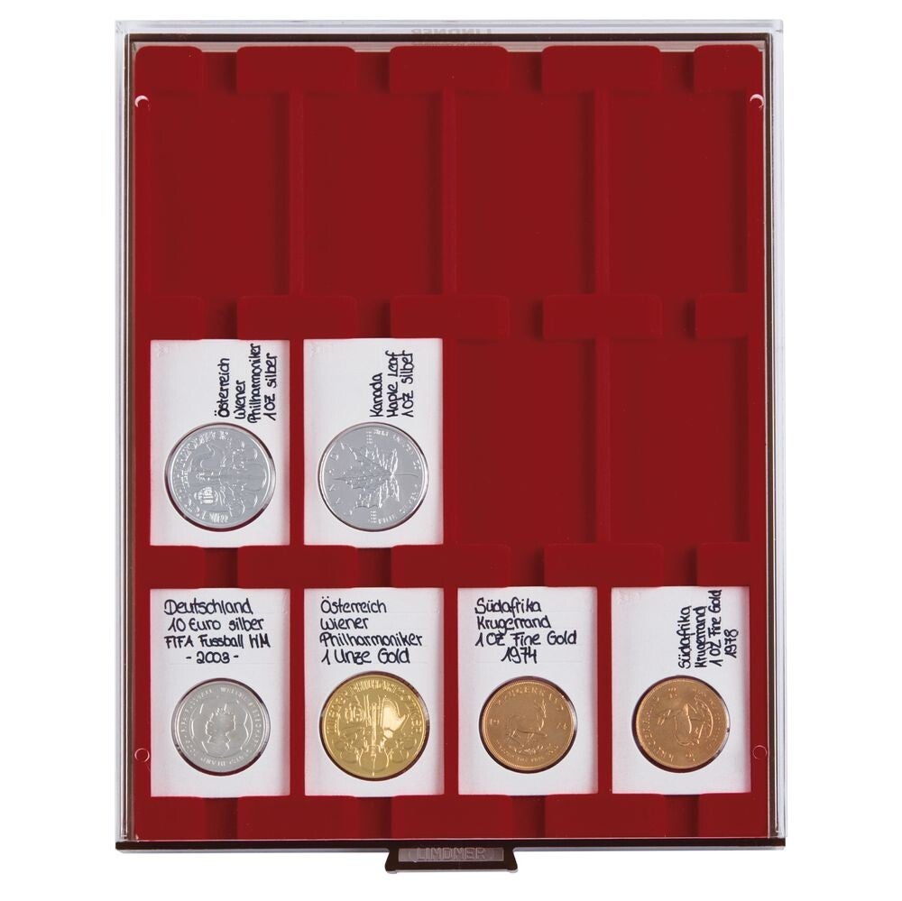 Bandeja para monedas RAUCHGLAS (vidrio ahumado) con 12 casilleros rectangulares para marquitos para monedas REBECK COIN L, 75 x 50 mm