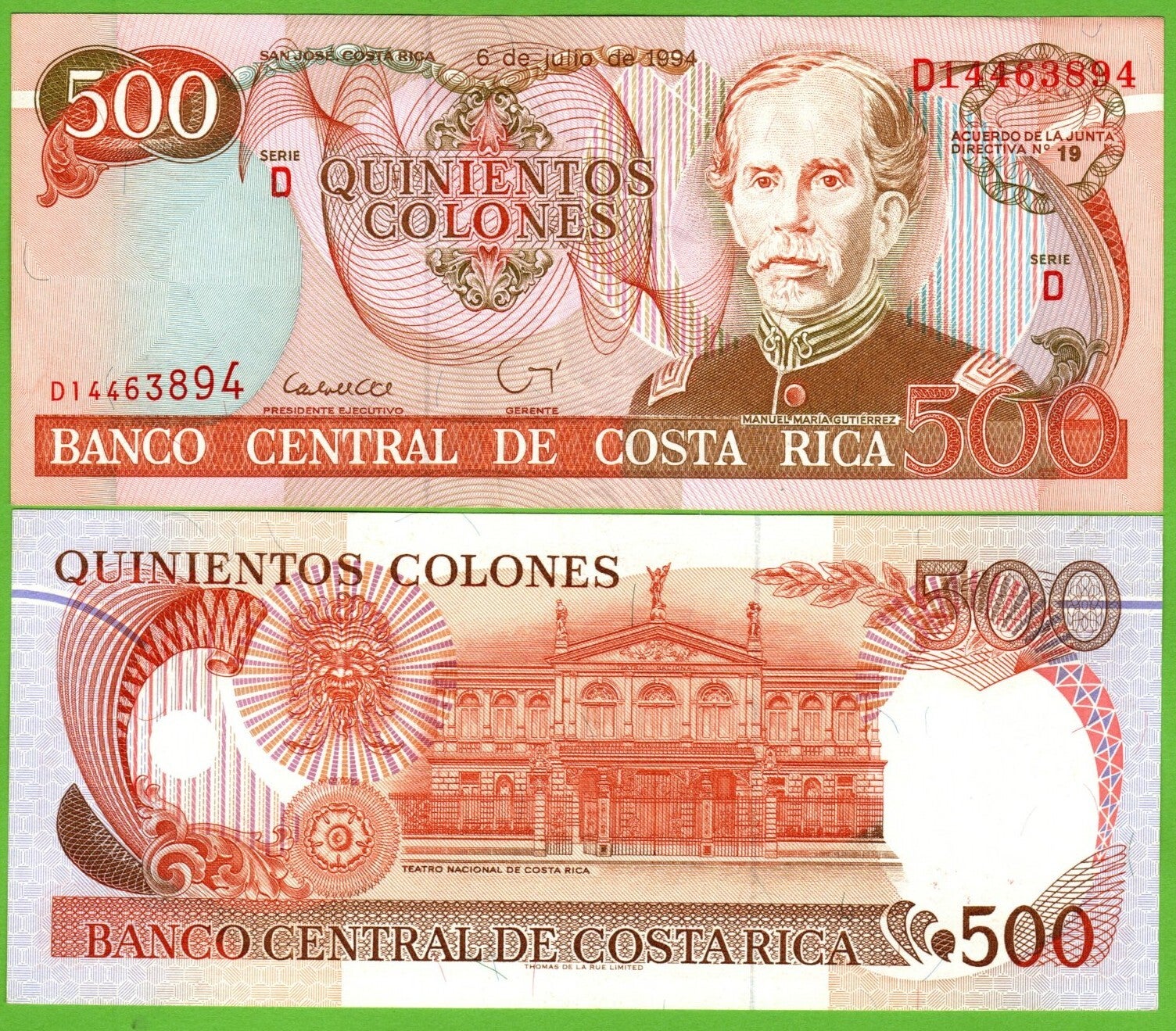 Costa Rica 500 Colones 1994, P-262a D-Prefix Au