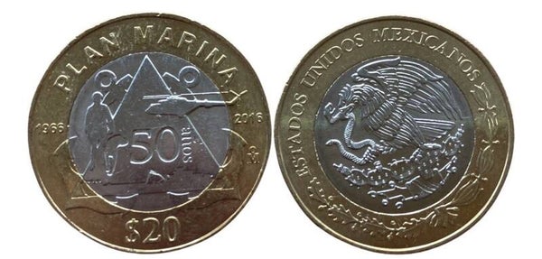 Mexico 20 Pesos Bimetallic, 2016 Commemorative 50th Ann. Plan Marina Unc
