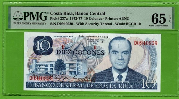 Costa Rica 10 Colones 1972, P-237a Unc PMG65