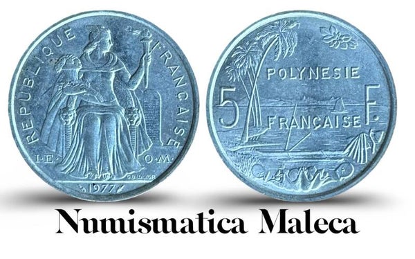 Polinesia Francesa 5 Francs 1977 Km12 XF