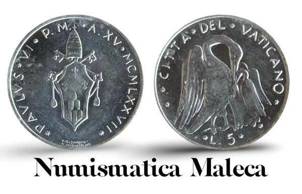 Ciudad del Vaticano 5 Lire 1977, km118 Aunc