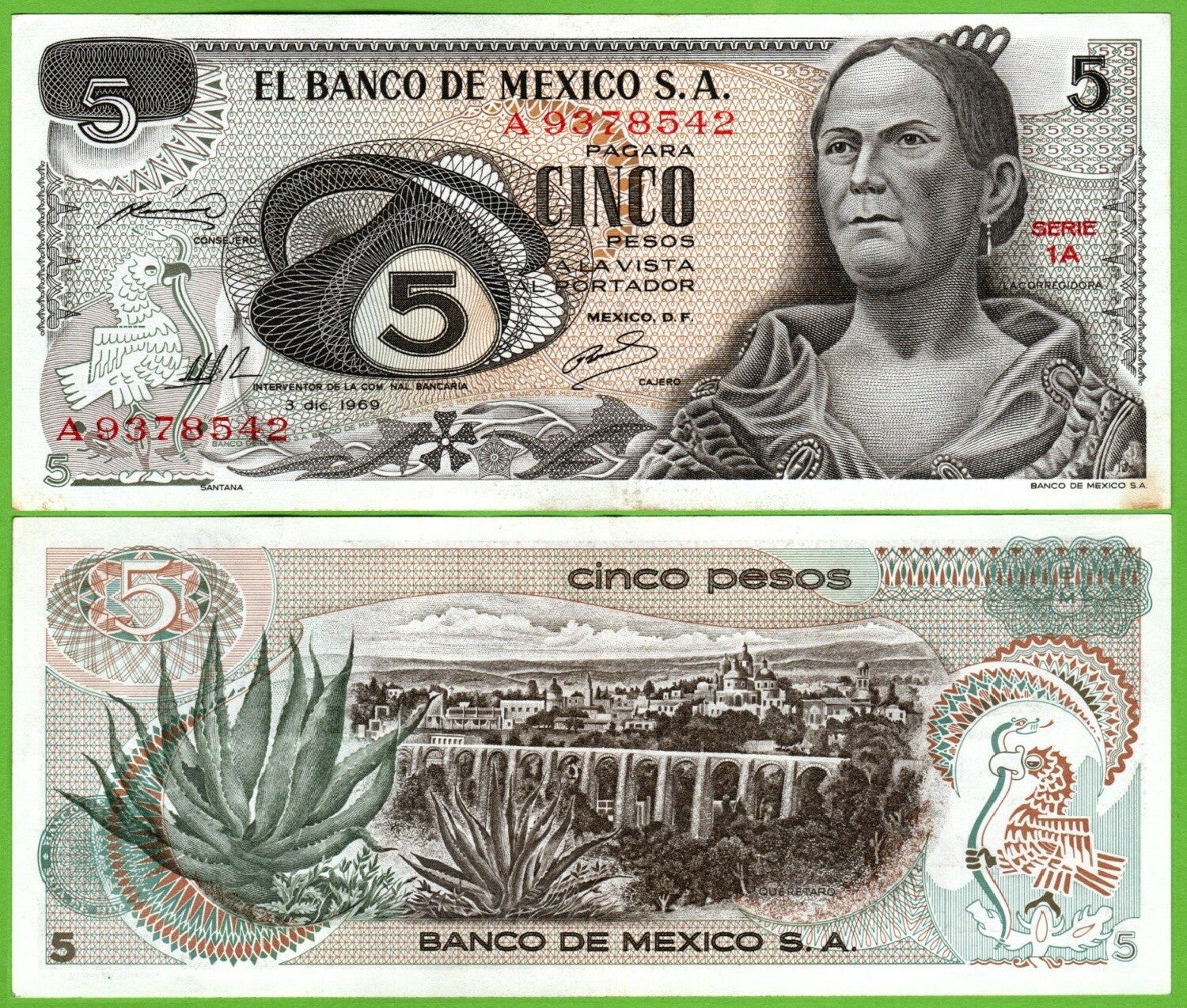 Mexico 5 Pesos 1969, P-62a.1 Prefix-1A Aunc