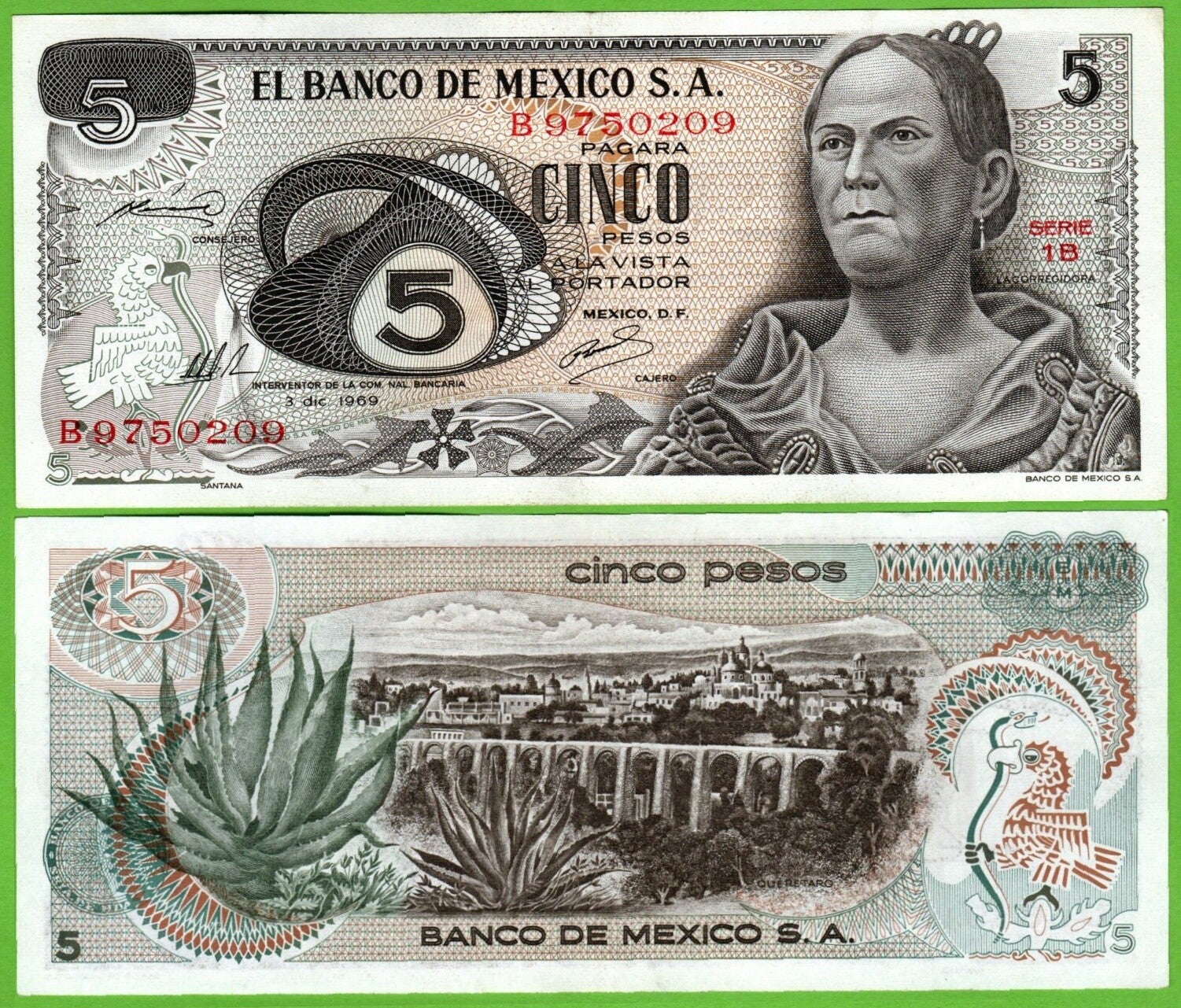 Mexico 5 Pesos 1969, P-62a.1 Prefix-1B Aunc