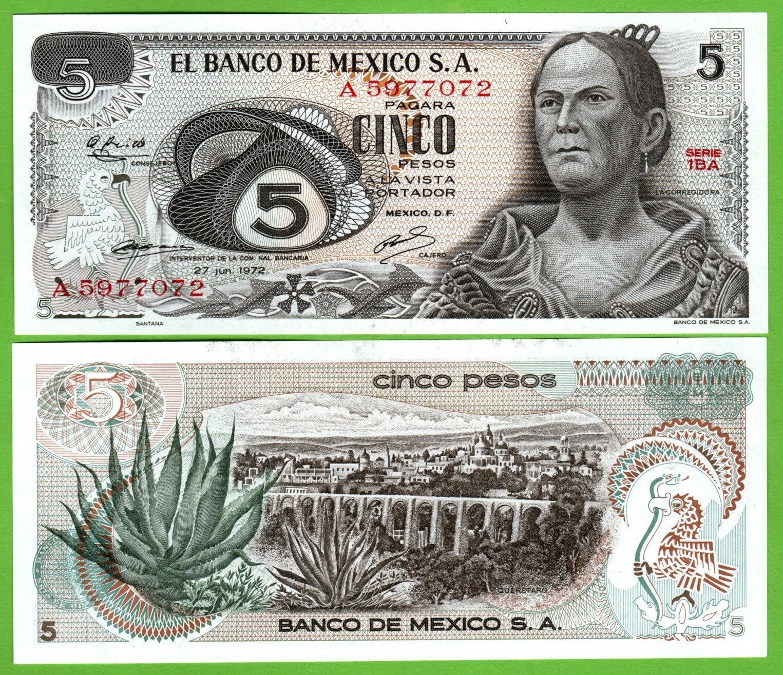 Mexico 5 Pesos 1969, P-62a.1 Prefix-1B Aunc