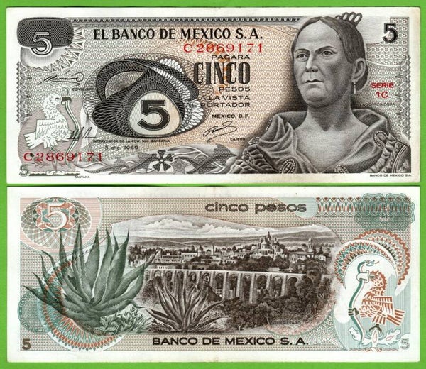 Mexico 5 Pesos 1969, P-62a.1 Prefix-1C  Aunc