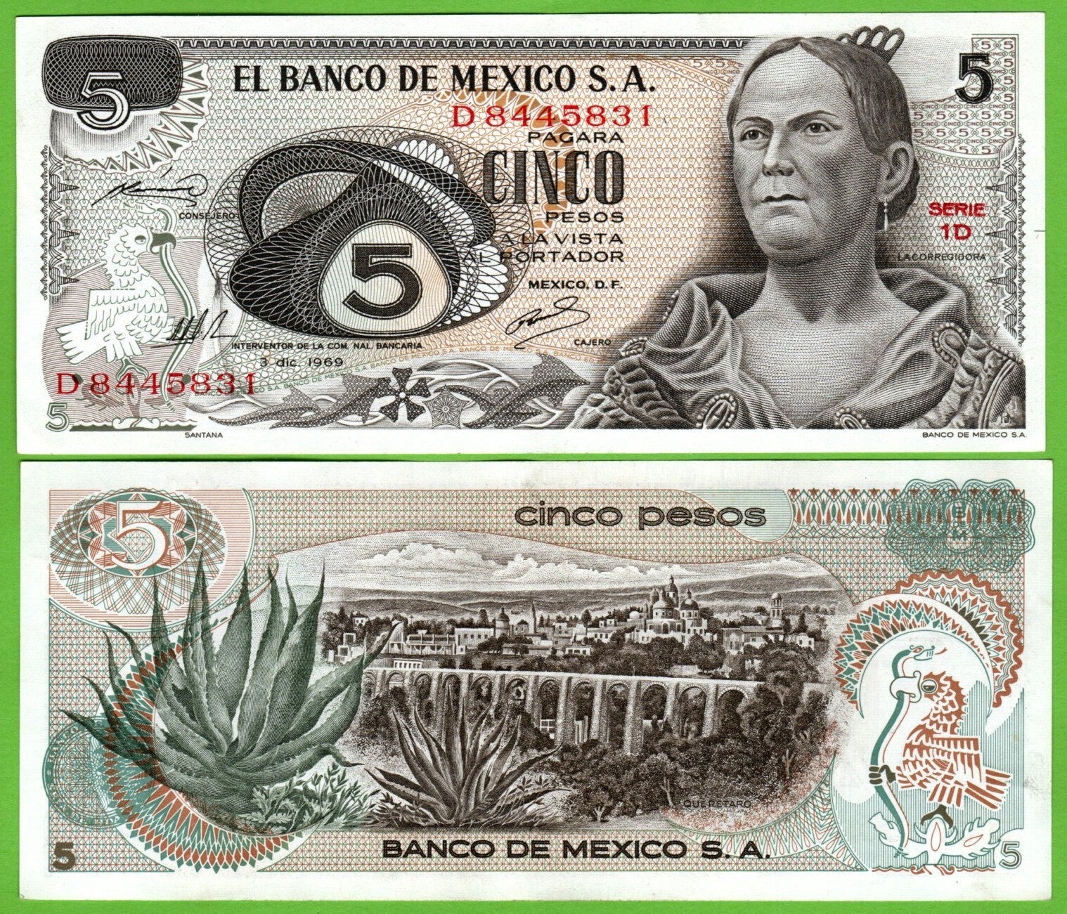 Mexico 5 Pesos 1969, P-62a.1 Prefix-1D  Aunc