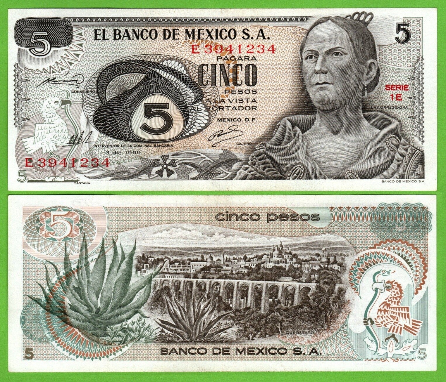 Mexico 5 Pesos 1969, P-62a.1 Prefix-1E  Aunc