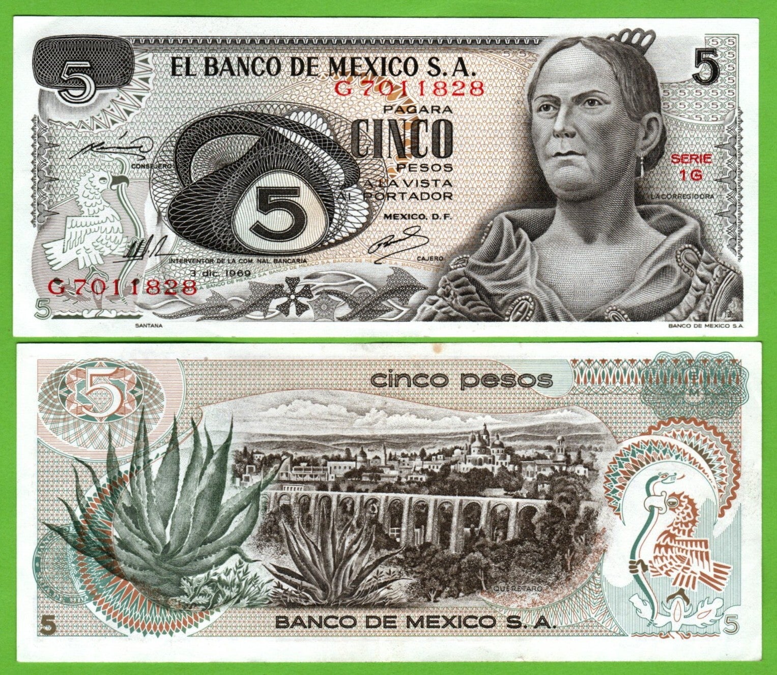 Mexico 5 Pesos 1969, P-62a.1 Prefix-1G  Aunc