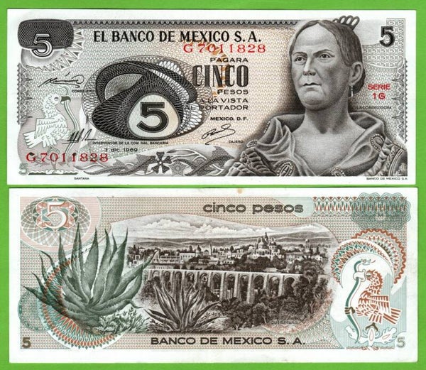 Mexico 5 Pesos 1969, P-62a.1 Prefix-1G  Aunc