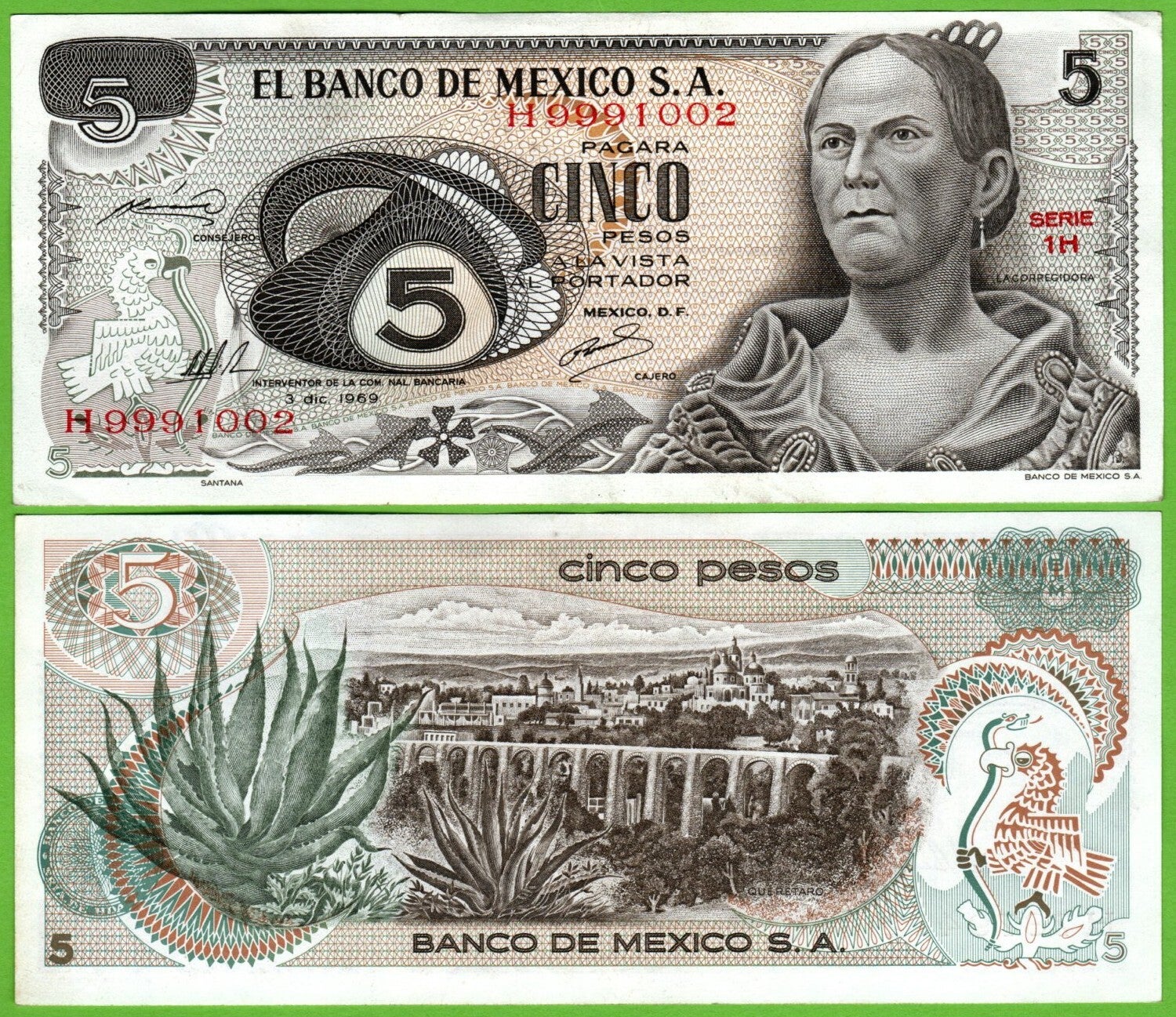 Mexico 5 Pesos 1969, P-62a.1 Prefix-1H  Aunc