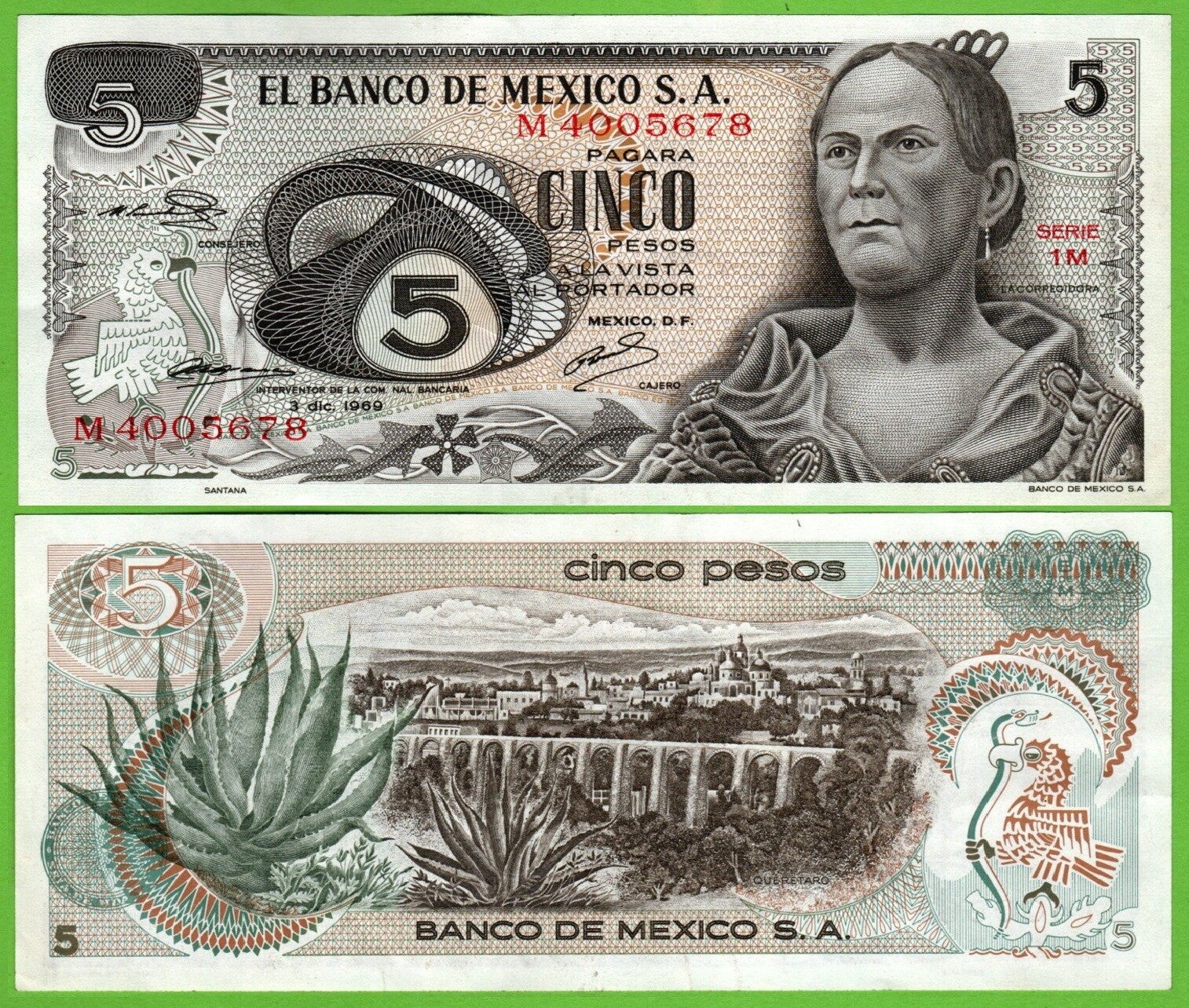 Mexico 5 Pesos 1969, P-62a.1 Prefix-1M  Aunc