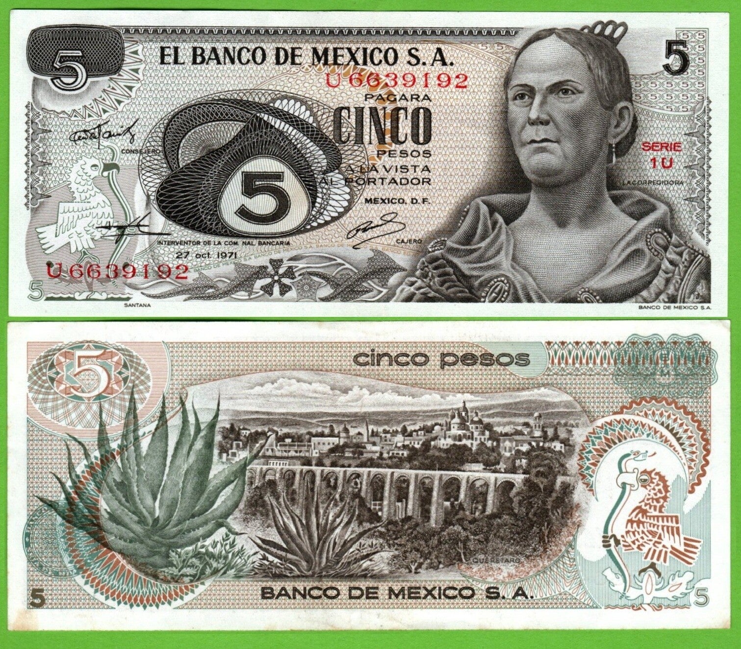 Mexico 5 Pesos 1971, P-62b.1.1 Prefix-1U Aunc