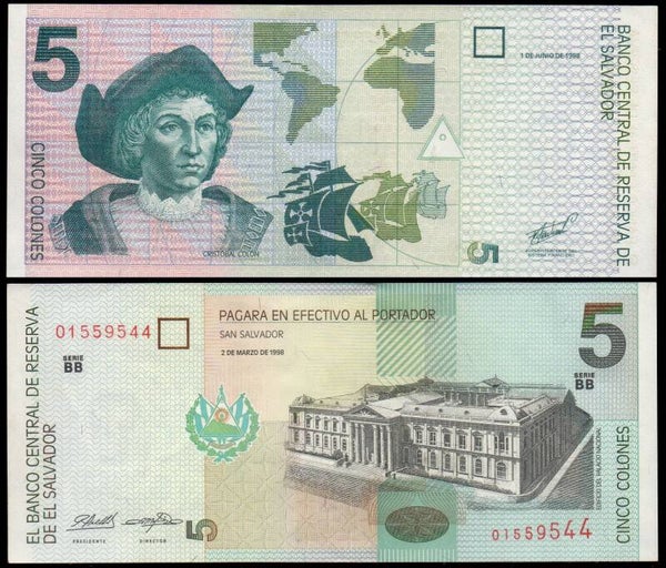 EL SALVADOR 5 COLONES 1998, P-147a .5 PREFIX-BB  AUNC