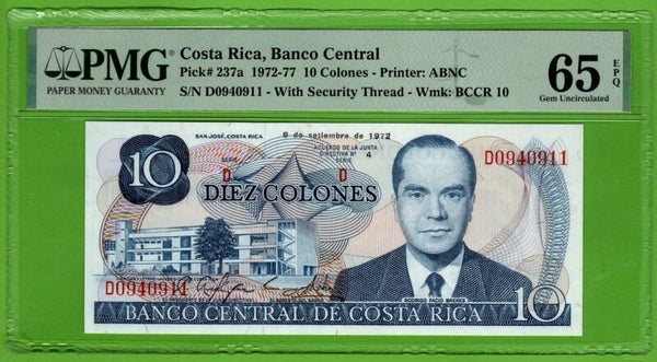 Costa Rica 10 Colones 1972, P-237a Unc PMG65
