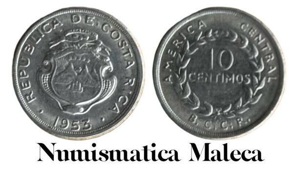 Costa Rica 10 Centimos 1953, Km185.1a Circ