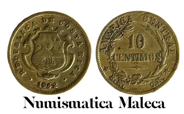 Costa Rica 10 Centimos 1942, Km180 Circ