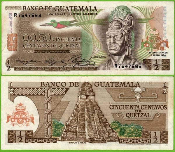 Guatemala 1/2 Quetzal 1974, P-58B XF