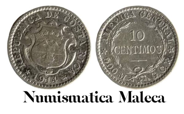 Costa Rica 10 Centimos 1914, Km146 XF