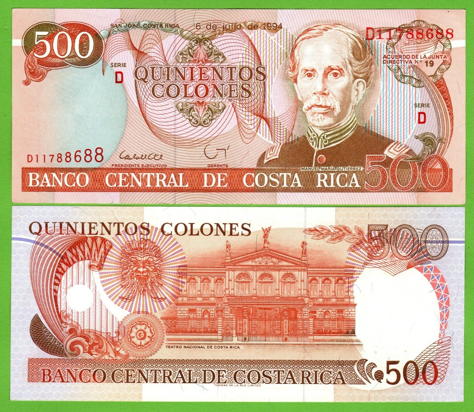Costa Rica 500 Colones 1994, P-262a D-Prefix Au