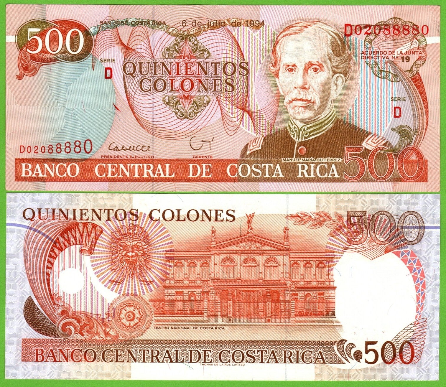 Costa Rica 500 Colones 1994, P-262a D-Prefix Au