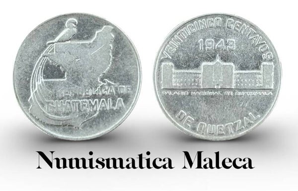 Guatemala 25 Centavos 1943, Km253 Plata