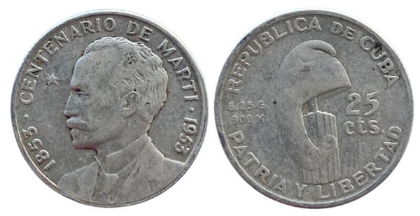 Cuba 25 Cents 1953 Plata (caribe)