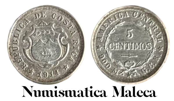 Costa Rica 5 Centimos 1914, Km145 Plata