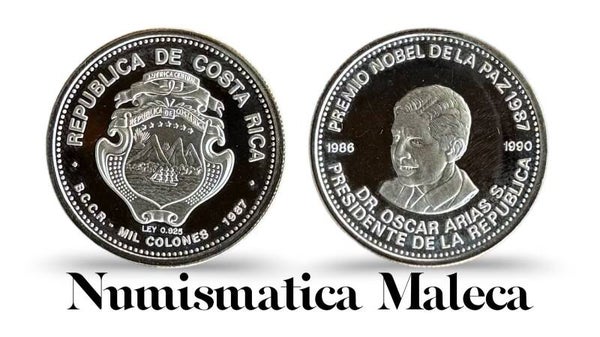 Costa Rica 1000 Colones 1987, Km226 Plata Premio Nobel de la Paz Oscar Arias Unc