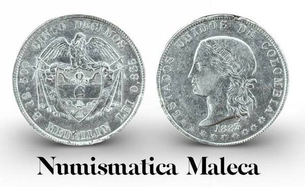 Colombia 5 Decimos 1883, Km161 Plata