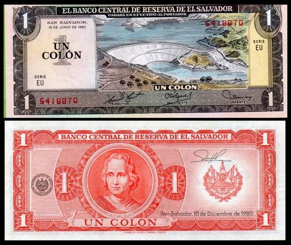 EL SALVADOR 1 COLON 1980, P-133 PREFIX-EU UNC