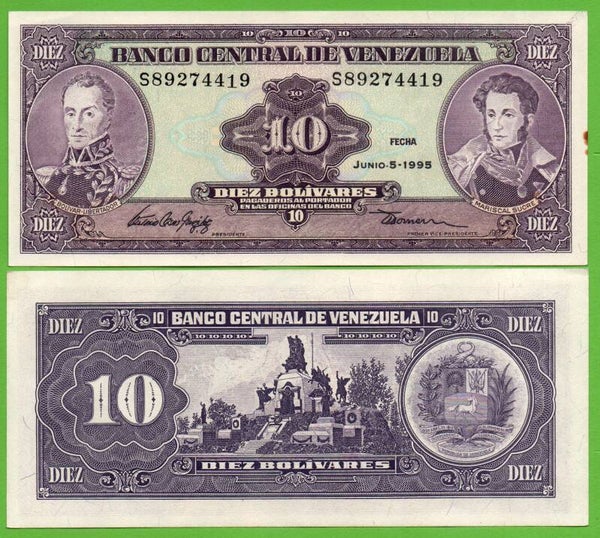 Venezuela 10 Bolivares 1995, P-61d , S-Prefix Unc