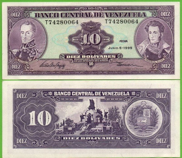 Venezuela 10 Bolivares 1995, P-61d , T-Prefix Unc