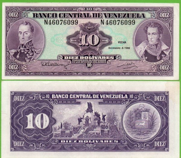Venezuela 10 Bolivares 1992, P-61C , N-Prefix Unc