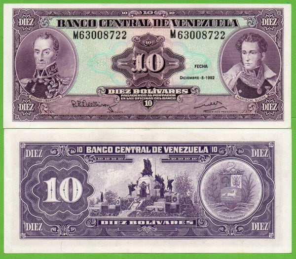 Venezuela 10 Bolivares 1992, P-61C ,M-Prefix Unc