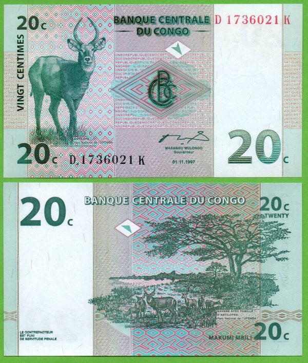 Congo 20 Centimes 1997, P-83 Unc