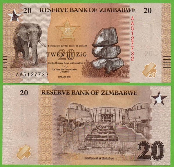 Zimbadwe 20 Zig 2026, P-116 Unc