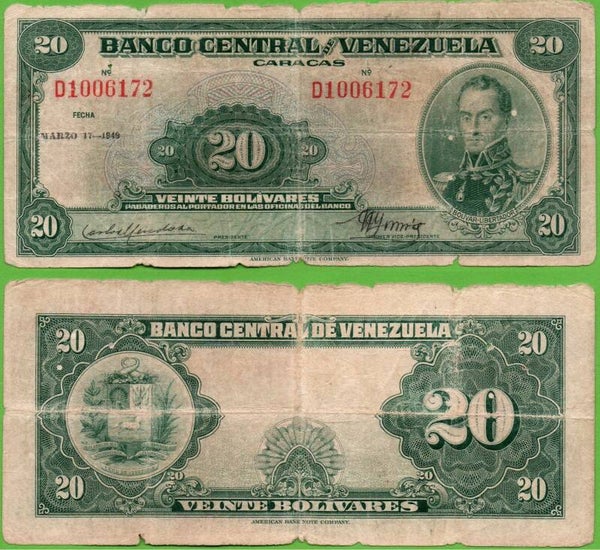 Venezuela 20 bolivares 1949, P-32c VF