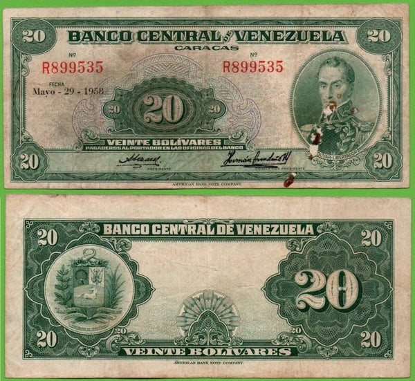 Venezuela 20 Bolivares 1958, P-32c VF