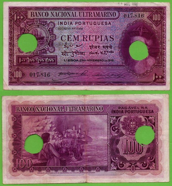 Indias Portuguesa 100 Rupias 1945 P-392 Raro XF