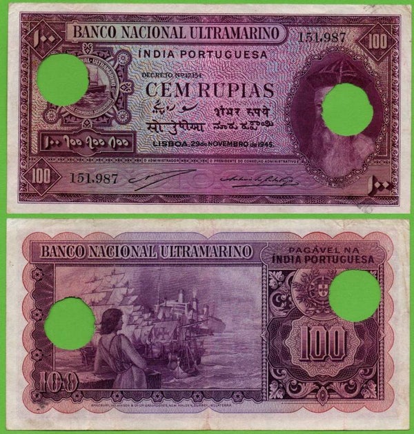 Indias Portuguesa 100 Rupias 1945 P-392 Raro XF