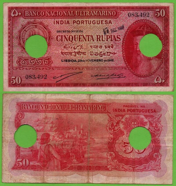 Indias Portuguesa 50 Rupias 1945 P-38a Raro XF