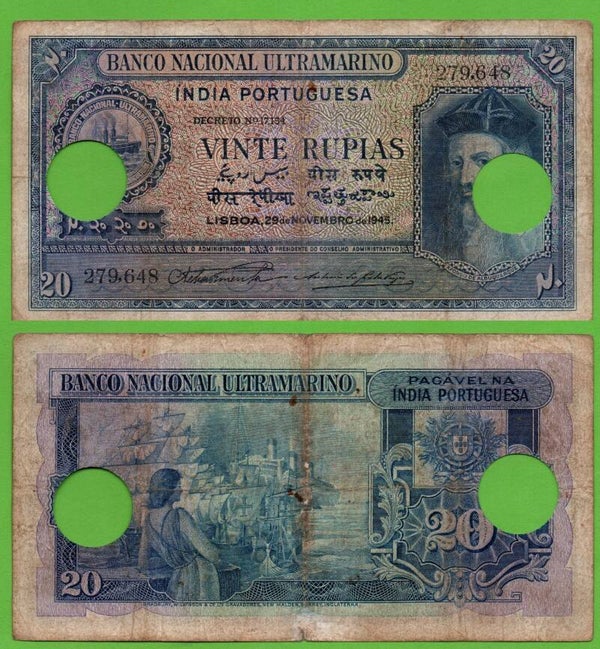 Indias Portuguesa 20 Rupias 1945 P-37 Raro XF