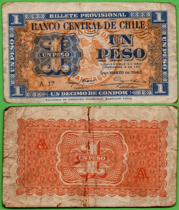 Chile 1 Peso 1943, P-90 VF