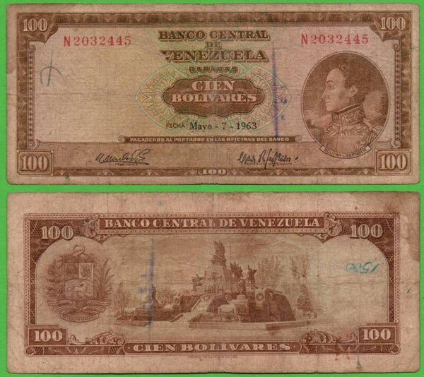 Venezuela 100 Bolivares 1963, P-48 Prefix-N VF