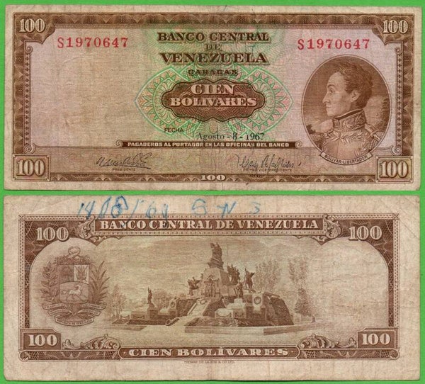 Venezuela 100 Bolivares 1967, P-48e Prefix-S Circ