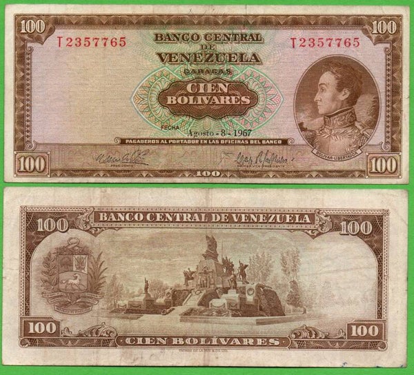 Venezuela 100 Bolivares 1967, P-48e Prefix-T VF