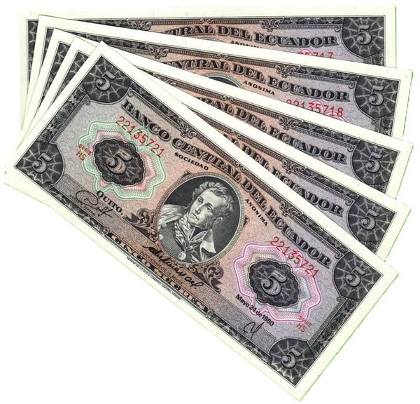 Ecuador 5 Sucres 1980, P-113c.2.6 Prefix-Hs Lote 5 Pcs  Aunc