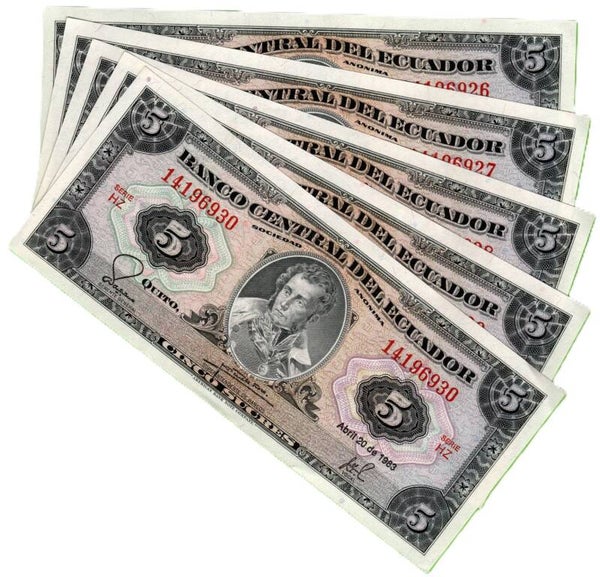 Ecuador 5 Sucres 1983, P-108b.2.6 Prefix-HZ Lote 5 Pcs Unc